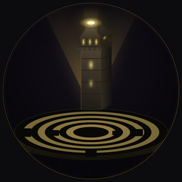 Purgatorium emblem: a lit tower on a gold labyrinth disc