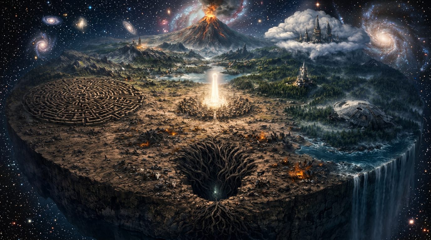 The disc-shaped realm of Purgatorium floating among the stars: a labyrinth, a pillar of light, a volcano, a sky citadel and a waterfall pouring off the rim.